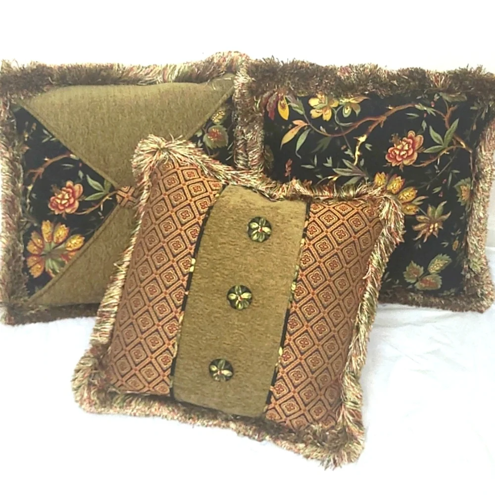 3 Matching Accent Throw Pillows Fringed Black w Floral Print 17